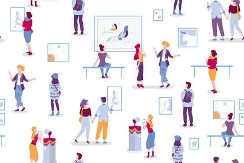 Art gallery seamless pattern with visitors looking at paintings vector flat Stock Illustration
