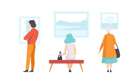 Art Gallery with Visitors, Back View of People Looking Paintings Hanging on Wall Illustrazione stock