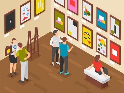 Art gallery. Visitors looking on creative artworks. Museum exposition or flash Stock Illustration