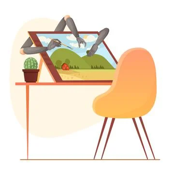 Art generated by artificial intelligence, arm of robot with brush drawing image Stock Illustration