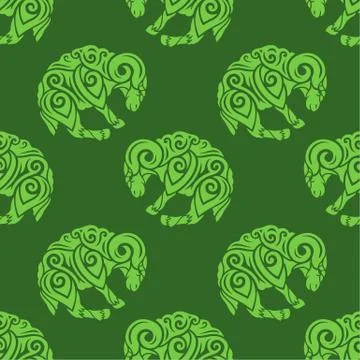 Art with green seamless pattern with aries Stock Illustration
