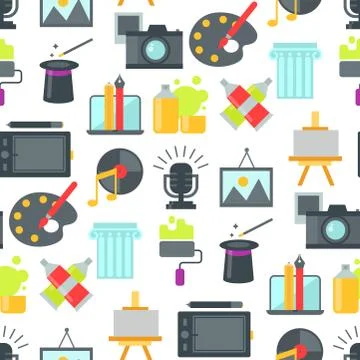 Art icons seamless pattern background atist ink graphic color creativity movie Stock Illustration