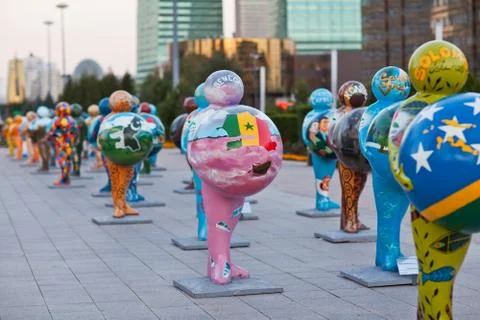 Art - installation, symbolizing countries of the world. Astana. Kazakhstan Stock Photos