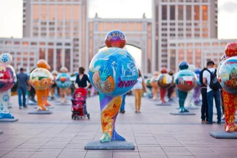 Art - installation, symbolizing countries of the world. Astana. Kazakhstan Stock Photos