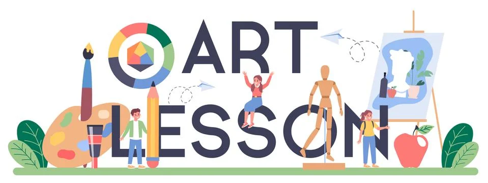 Art lesson typographic header. Student holding a brush and paints. Stock Illustration