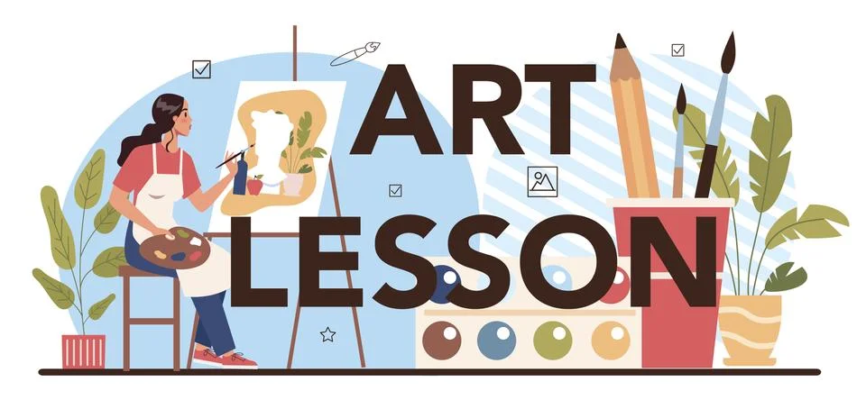 Art lesson typographic header. Student holding art tools learning Stock Illustration