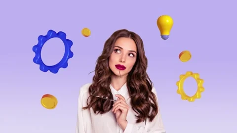 Art motion collage video of minded girl think decision light bulb gears Stock-Footage 305446481