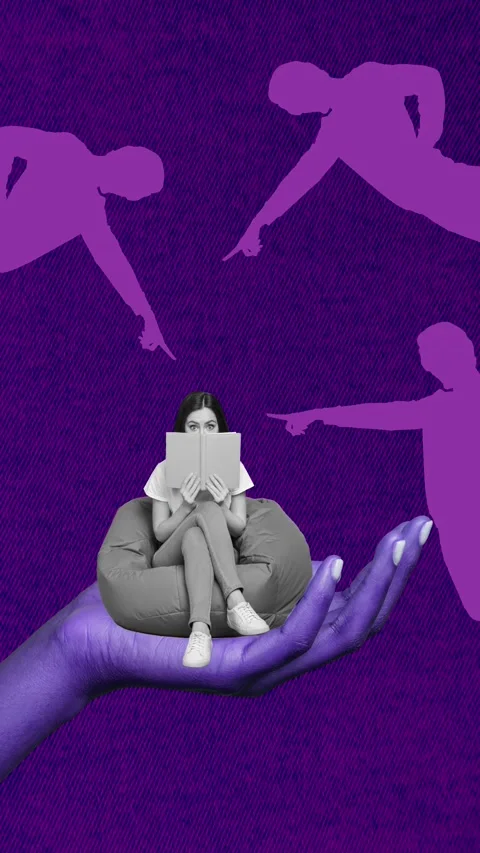Art motion collage video of puzzled girl sit beanbag bullying society hold book Stock Footage 311503945