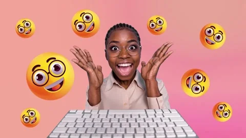 Art motion trend collage video of happy girl type keypad emoji reaction media Stock Footage 306230792