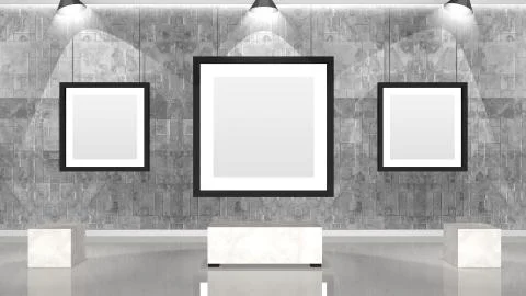 Art museum wall with three square frames 스톡 일러스트