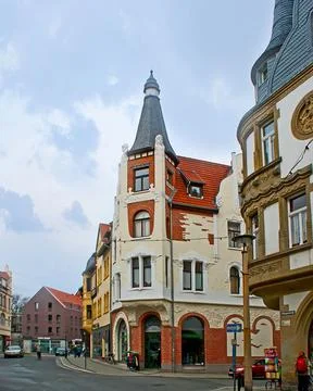 The Art Nouveau edifices of Heilige-Geist-Strasse, on Nov 23, 2012 in Quedlin Stock Photos