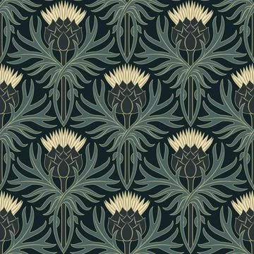 Art Nouveau pattern featuring ivory thistle flowers on a golden diamond bac.. Stock Illustration
