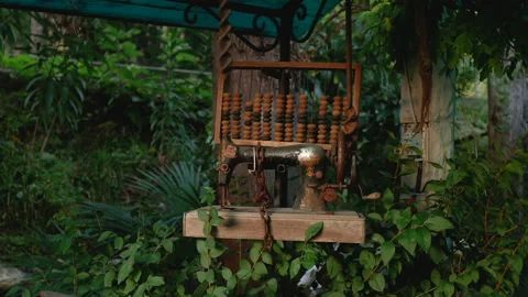 Art object - old sewing machine and abacus Video stock 164253071