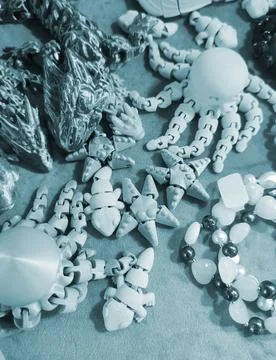 Art objects printed 3D printer. Various creative models created on a 3D printer Stock Photos