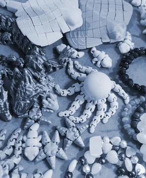 Art objects printed 3D printer. Various creative models created on a 3D printer Stock Photos