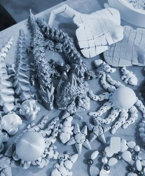 Art objects printed 3D printer. Various creative models created on a 3D printer Stock Photos