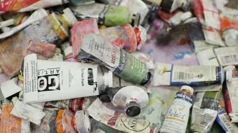 Art Paint Supplies Table Creative Tube Used Full Messy Stock Footage 131589899