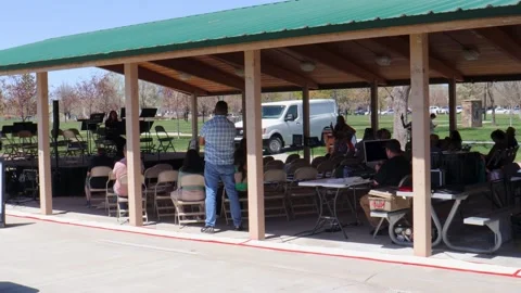Art in the Park event - Side view of female preformer and audience Stock Footage 240041008
