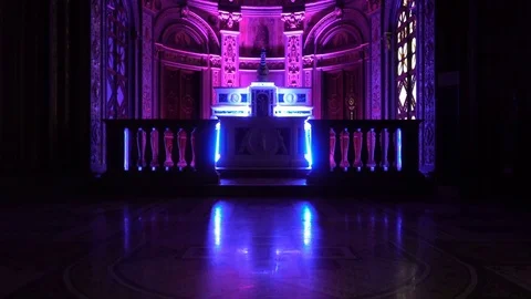 Art performance with led lights in a deconsecrated church Stock Footage 70548314