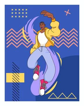 Art poster. Creative geometric card. Cartoon young character. Happy guy portrait Stock Illustration