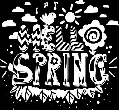 Art Poster Hello Spring Original Hand Drawn Quote Stock Illustration