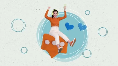 Art poster motion collage video of happy girl listen music headphones phone like Stock Footage 312316448