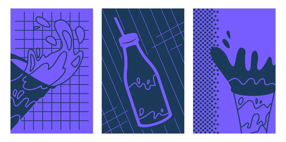 Art posters with drinks set. Postcards with cups and bottles with cocktail and Stock Illustration