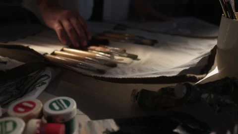 Art process painting tools creative area female Stock Footage 163840472