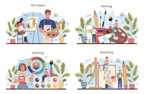 Art school education set. Student holding art tools learning Stock Illustration