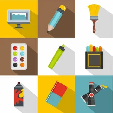 Art school icon set, flat style Illustrazione stock