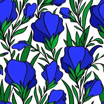 Art, seamless pattern of large blue flower buds on a white background Stock Illustration
