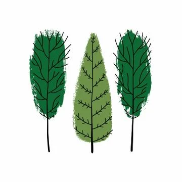 Art sketching set of vector trees symbols. Brushstroke green tree Stock Illustration