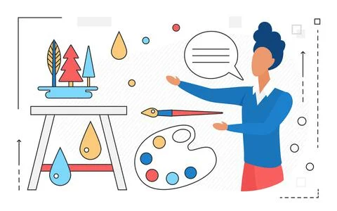 Art studio freelance work, designer freelancer standing with objects to draw Illustrazione stock