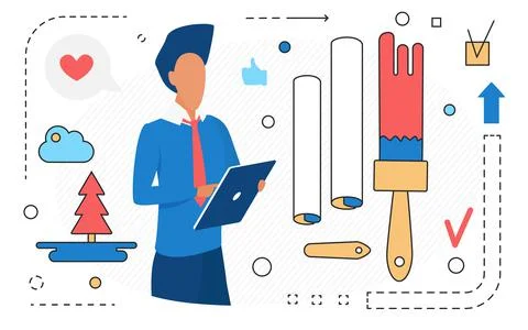 Art studio freelance work, designer freelancer standing with objects to draw Illustrazione stock