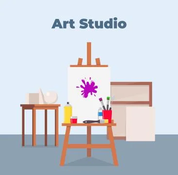 Art studio interior. Easel, canvas, paint and all necessary tools for drawing Stock Illustration