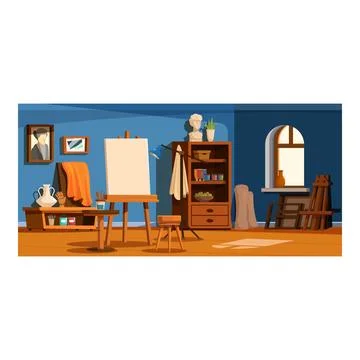 Art studio interior with empty easel awaiting inspiration Illustrazione stock