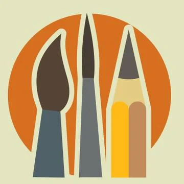 Art Studio. Logo. Vector. Big and small brushes and pencil. Against the backg Stock Illustration