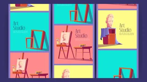 Art studio posters with canvas on easel 스톡 일러스트