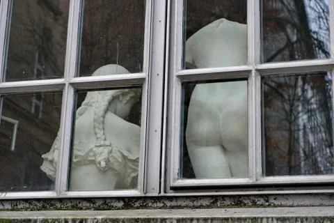 Art studio windows. Plaster models for drawing. Tutorials. Aachen, Germany. Stock Photos