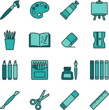 Art Supplies and Creative Tools Icon Set for Artists and Students. Stock Illustration