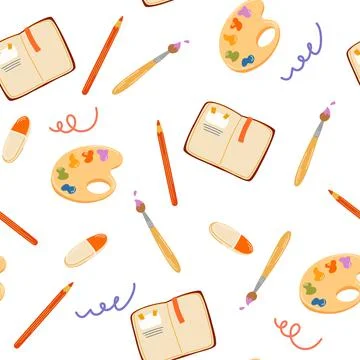 Art supplies seamless pattern. Drawing items, palette of paints, brushes, not Stock Illustration