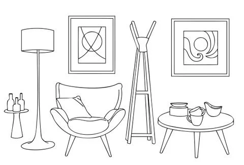 Art Table Sofa and Unique Lamp Line Art Illustration Stock Illustration