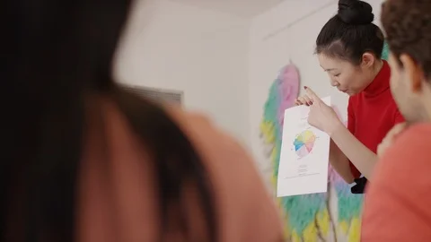 Art teacher explaining about colours to her students in a class Stock Footage 111860731