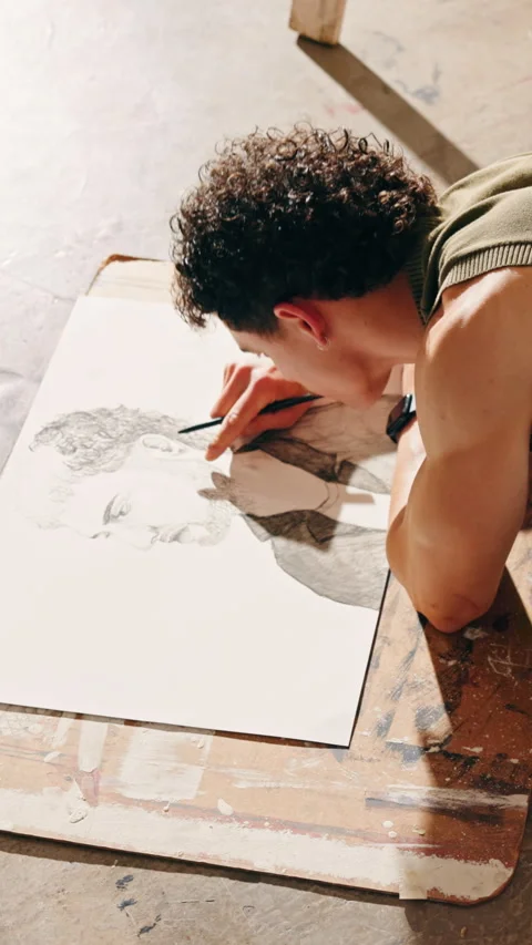 Art, technique and man sketching in workshop with paper, texture and detail with Stock Footage 346290227