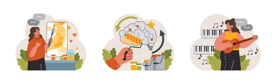 Art therapy set. Character developing a creativity. Self-expression idea. Stock Illustration
