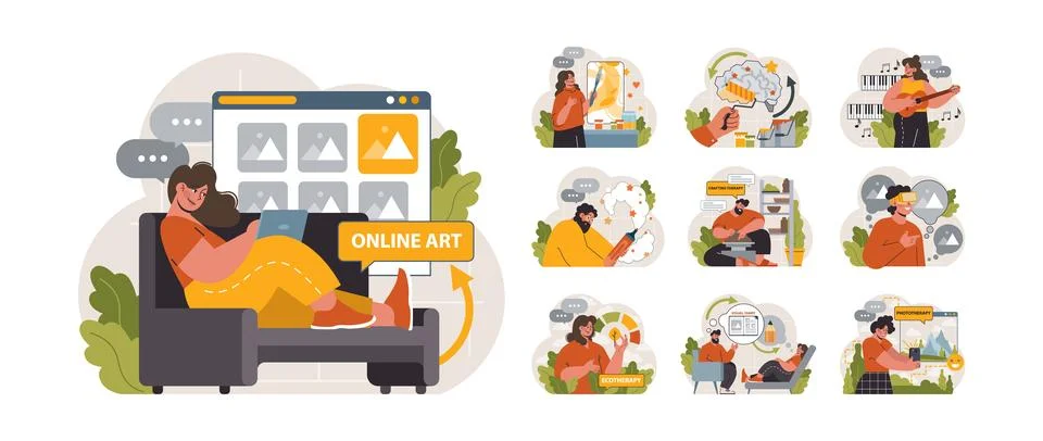 Art therapy set. Character developing a creativity. Self-expression idea. Stock Illustration
