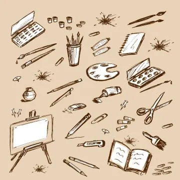 Art tools doodles set Stock Illustration