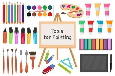 Art tools flat style icon set. Drawing tool, artist objects collection with Stock Illustration