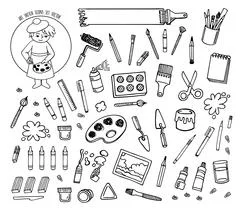 Art supplies set. Hand-drawn cartoon collection of art tools. Doodle drawing.  Stock Vector by ©runLenarun 96345254