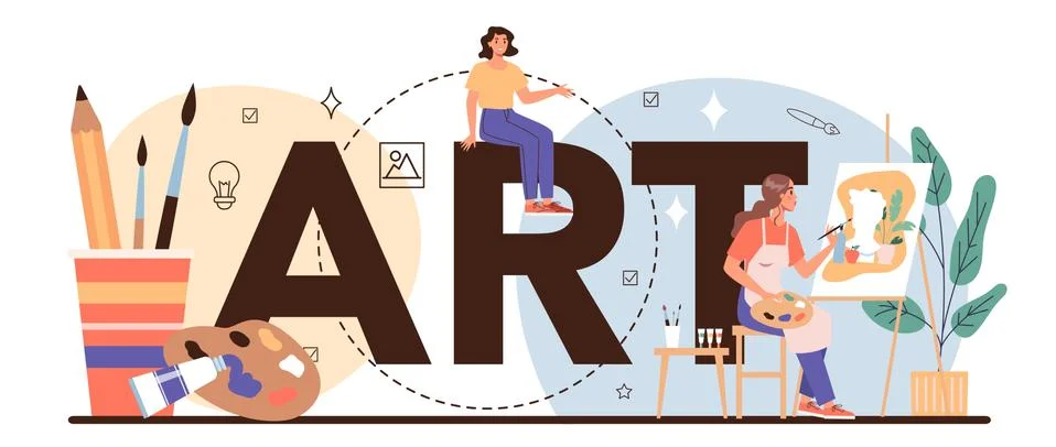 Art typographic header. Professional illustrator in front of big easel Stock Illustration